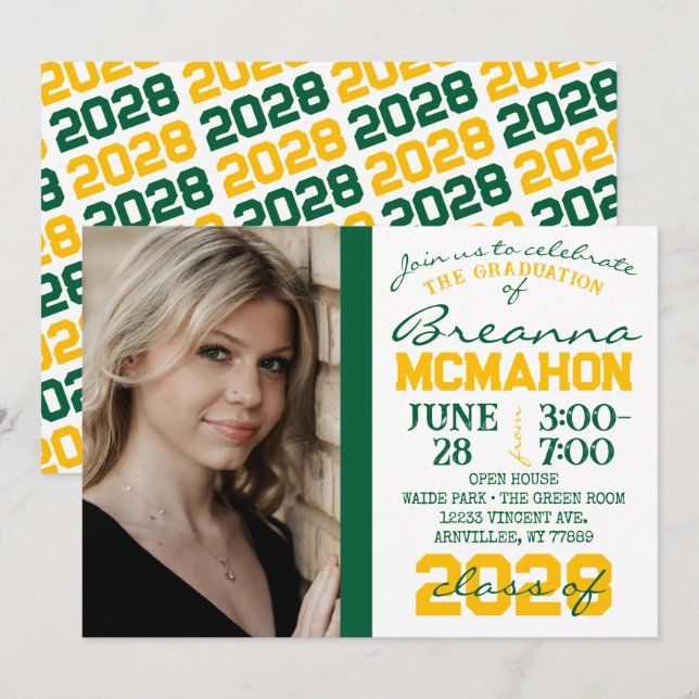 Invitación a la foto de graduación verde, dorada y (Anverso / Reverso)