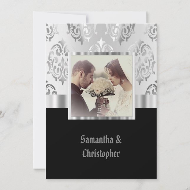 Invitación a la foto de la boda de damasco negro y (Reverso)