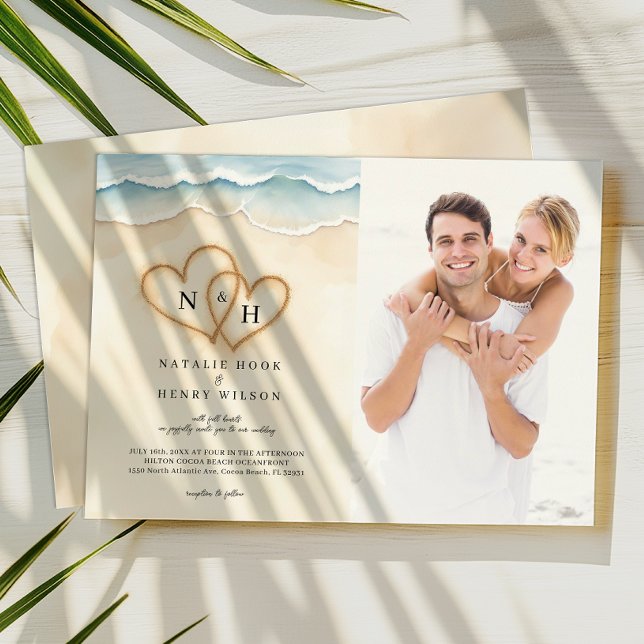 Invitación a la foto de la boda de Sand Hearts Bea (Photo Beach Wedding Invite)