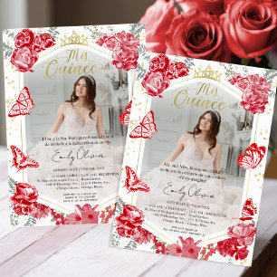Invitación a la foto de Mis Quince Floral Roja Bil