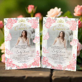 Invitación a la foto de Mis Quince Floral rosa bil