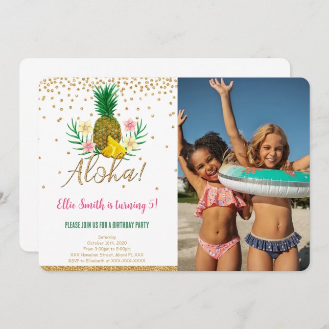 Invitación a la foto de niños hawaianos de cumplea (Anverso / Reverso)