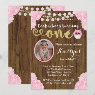 Invitación a la foto de Owl First Birthday Chica P