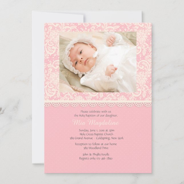 Invitación a la foto de puntos rosados de encaje y (Anverso)
