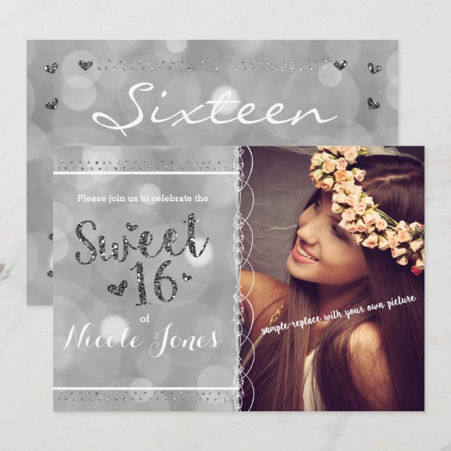 Invitación a la foto de Purpurina Fiesta SWEET 16 (Anverso / Reverso)