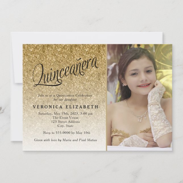 Invitación a la foto de Quinceanera Birthday Gold  (Anverso)