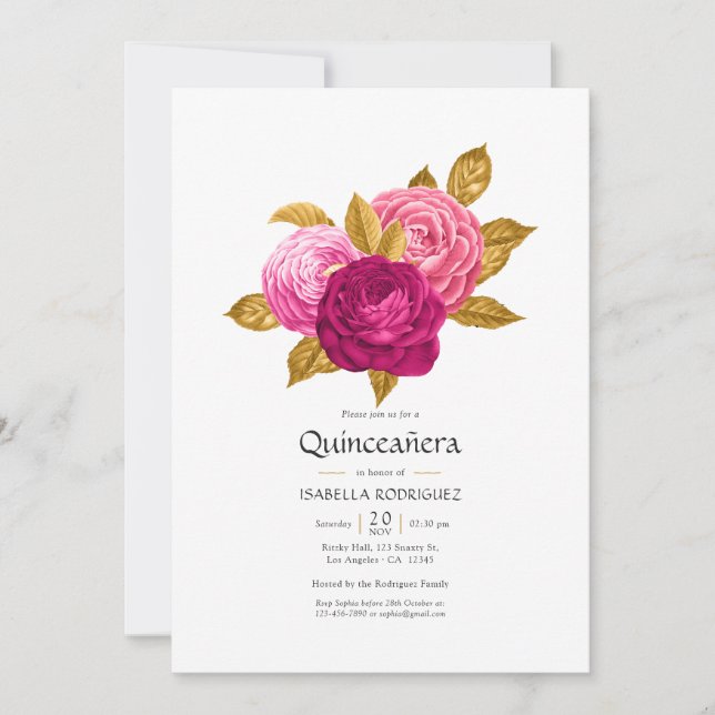 Invitación a la foto de Quinceañera con flores de  (Anverso)