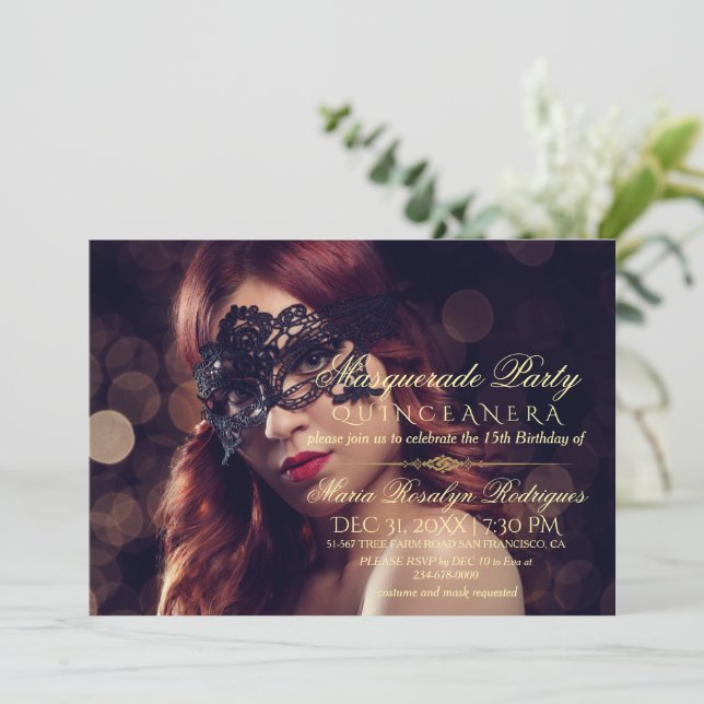 Invitación a la foto de Quinceanera de Masquerade (Anverso de pie)