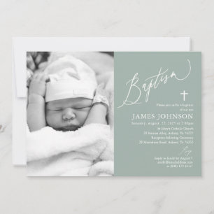 Invitación a la foto de Sage Green Boy Baptism