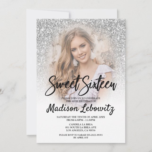 Invitación a la foto de Sweet 16 Glamorous Silver  (Anverso)