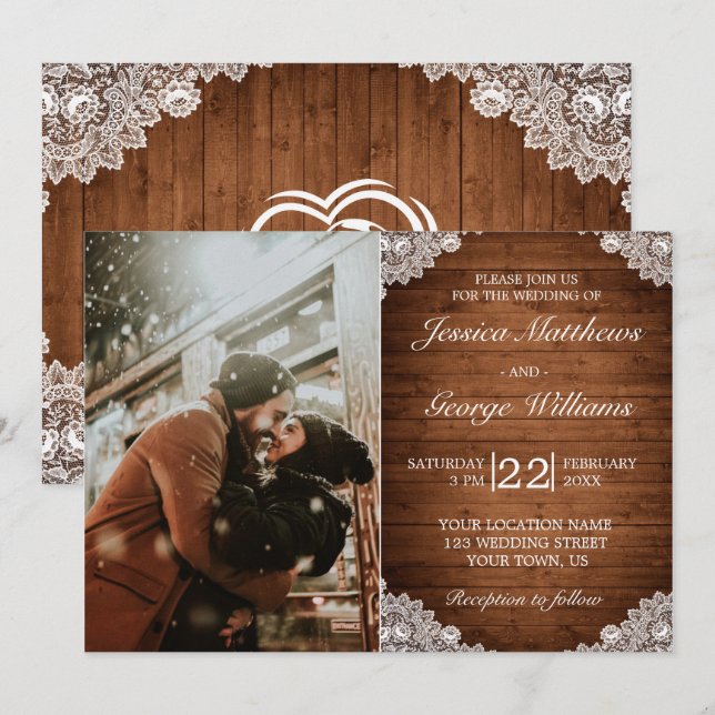 Invitación a la foto de un Boda de madera rústica  (Anverso / Reverso)