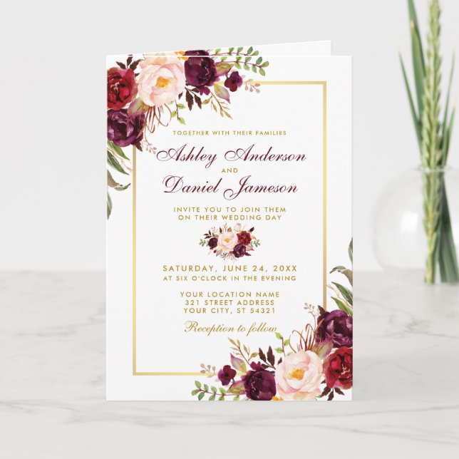 Invitación a la foto de un Boda floral de Borgoña (Anverso)