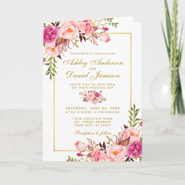 Invitación a la foto de un Boda floral rosado (Anverso)