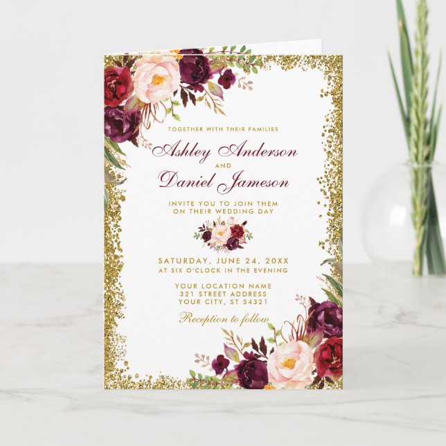Invitación a la foto de un Boda Purpurina floral (Anverso)