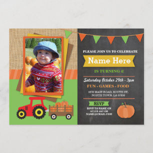 Invitación a la foto de un tractor de calabaza de 