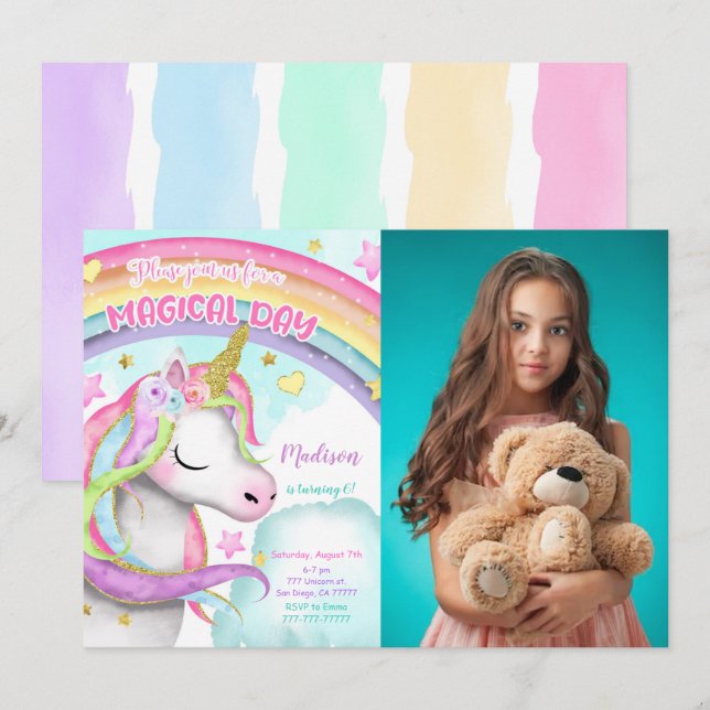 Invitación a la foto de Unicornio de cumpleaños 6 (Anverso / Reverso)