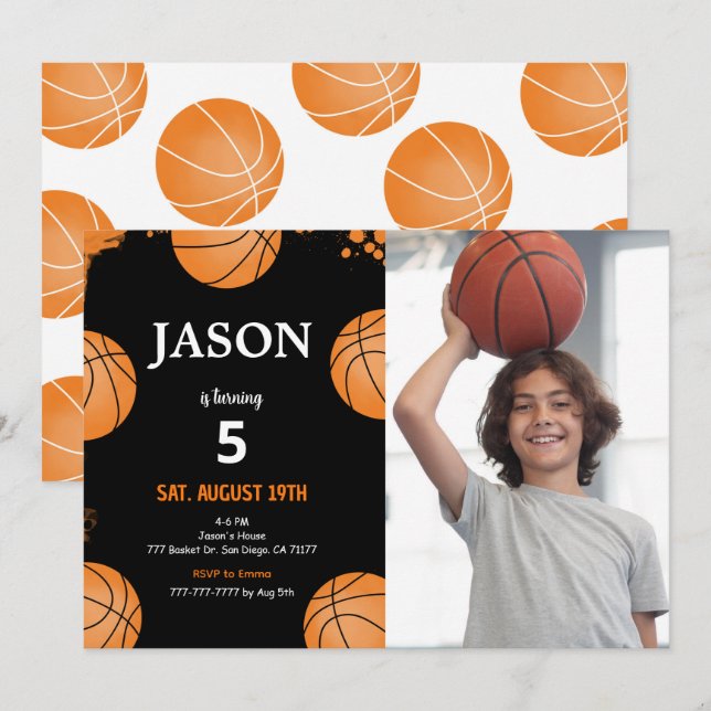 Invitación a la foto del baloncesto negro (Anverso / Reverso)