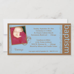 Invitación a la foto del bautismo azul y marrón de