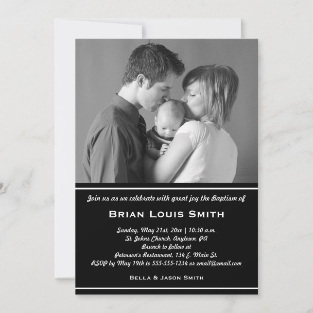 Invitación a la foto del Bautismo Blanco Negro (Anverso)