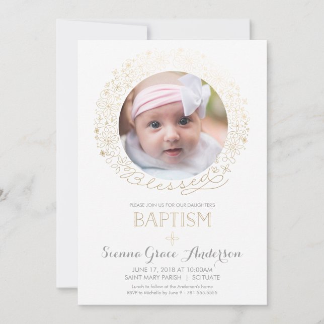 Invitación a la foto del bautismo con oro - niña,  (Anverso)