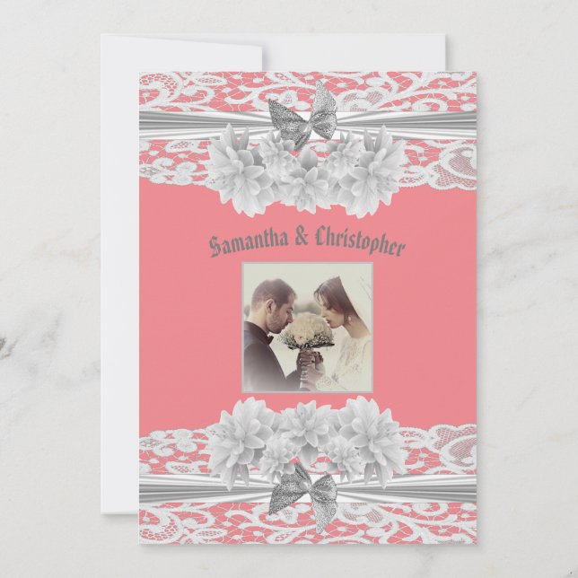 Invitación a la foto del boda de encaje blanco y r (Reverso)