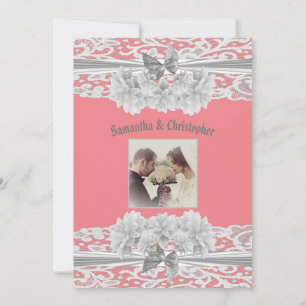 Invitación a la foto del boda de encaje blanco y r