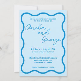 Invitación a la foto del Boda retro con onda azul