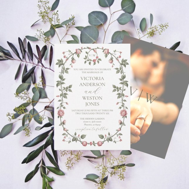 Invitación a la foto del Boda verde de Sage Garden (Garden Sage Wedding Invitation With Monogram and Photo)