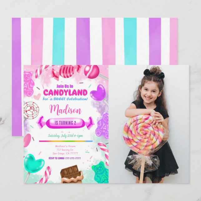Invitación a la foto del cumpleaños de Candy land (Anverso / Reverso)