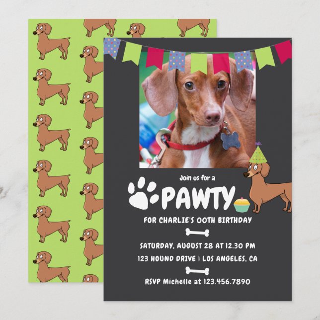 Invitación a la foto del cumpleaños de Dachshund D (Anverso / Reverso)