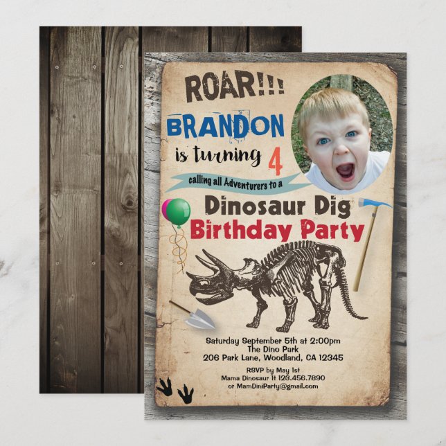 Invitación a la foto del cumpleaños de Dinosaurio  (Anverso / Reverso)