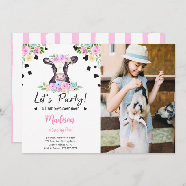 Invitación a la foto del cumpleaños de la vaca neg (Anverso / Reverso)