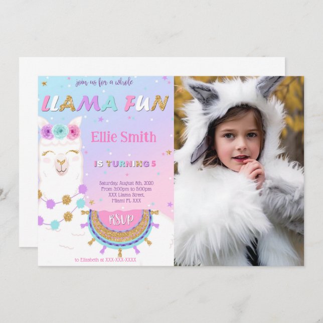 Invitación a la foto del cumpleaños de Llama (Anverso / Reverso)