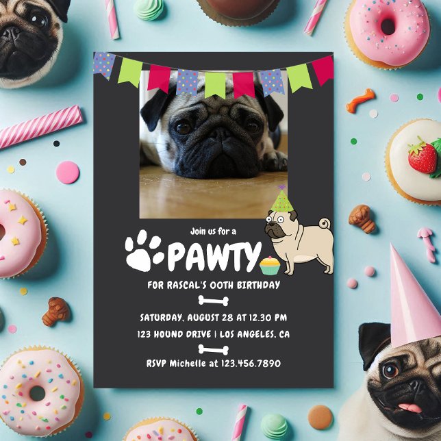 Invitación a la foto del cumpleaños de Pug Dog (Pug Dog Birthday photo invitation)