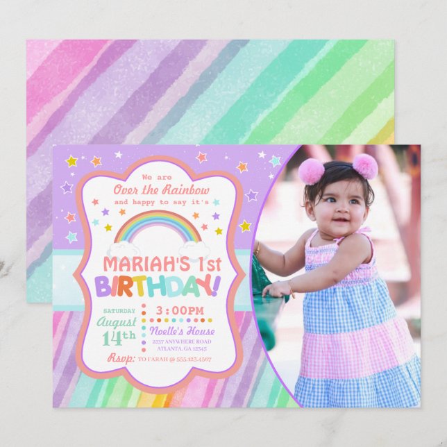Invitación a la foto del cumpleaños del arcoiris d (Anverso / Reverso)