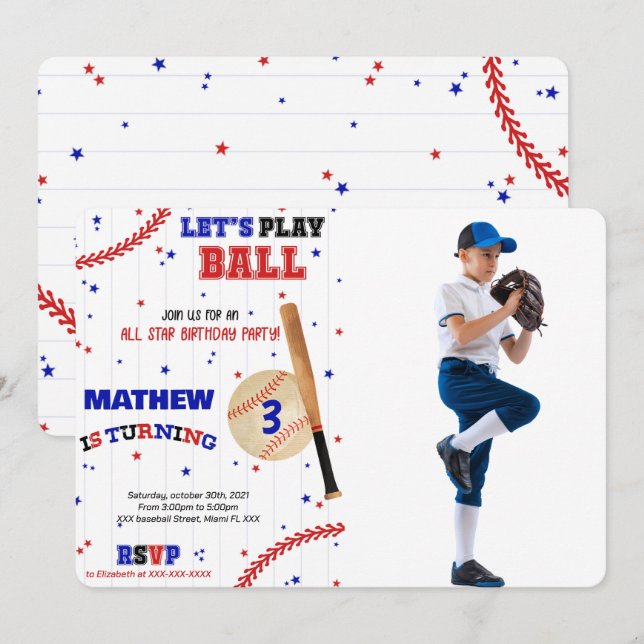 Invitación a la foto del cumpleaños del béisbol (Anverso / Reverso)
