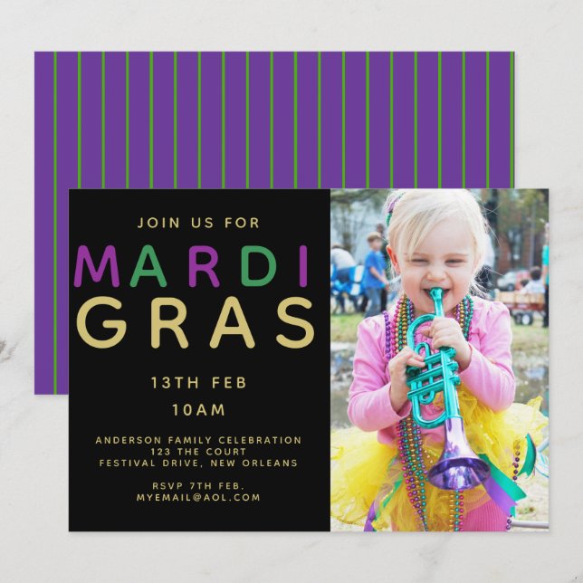 Invitación a la foto del Mardi Gras - Verde morado (Anverso / Reverso)