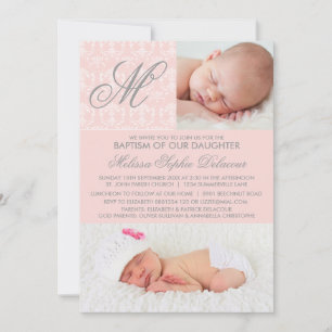 Invitación a la foto del monograma de damasco rosa