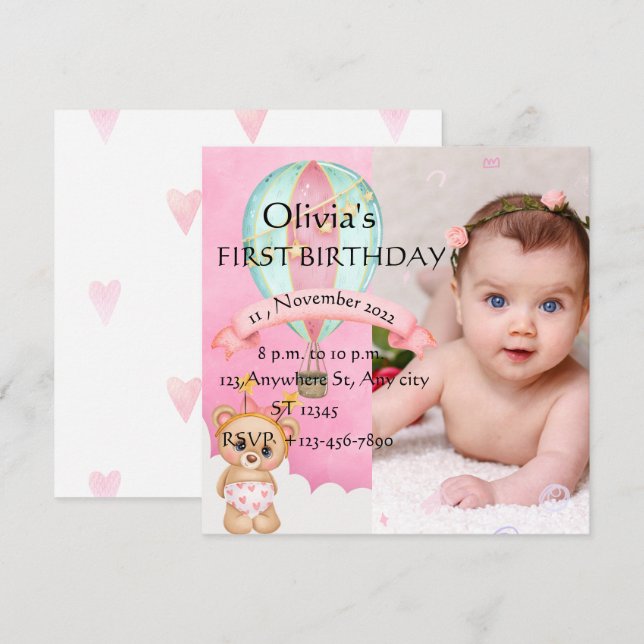 Invitación a la foto del primer cumpleaños del bon (Anverso / Reverso)
