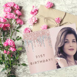 Invitación a la foto del purpurina rosa de oro de<br><div class="desc">Una glamorosa invitación para un fiesta de 21 años. Un fondo de degradado de oro subió decorado con goteos de oro rosa, purpurinas rosados y falsos plateados, pinturas que gotean. Personalice y agregue su propia foto de tamaño vertical del chica de cumpleaños. Añade los detalles de su fiesta al dorso....</div>
