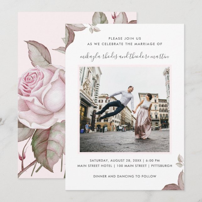 Invitación a la fotografía Boda de rosas rosas ros (Anverso / Reverso)