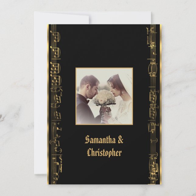 Invitación a la fotografía de bodas negros y dorad (Reverso)