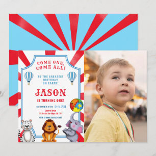 Invitación a la fotografía de circo rojo y azul