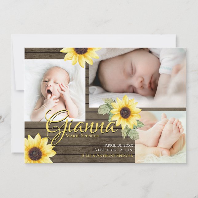 Invitación a la fotografía de girasol y madera de  (Anverso)