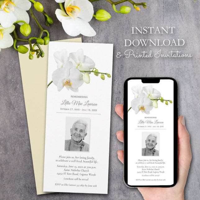 Invitación a la fotografía de la celebración de la (Floral Remembrance Celebration Photo Invitations - instant download and printed)