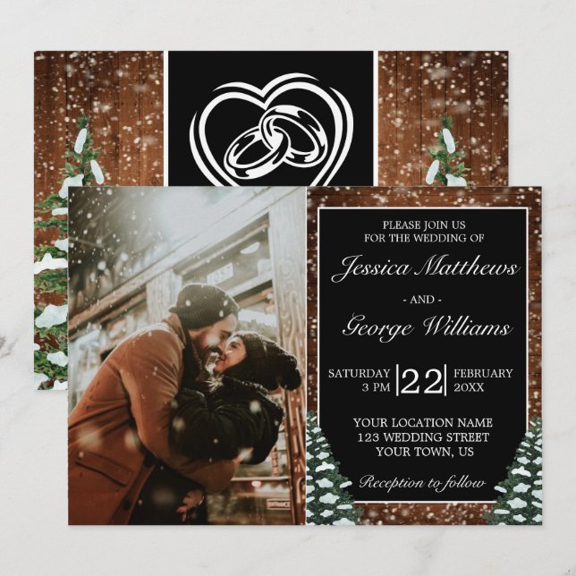 Invitación a la fotografía de madera nevada negra  (Anverso / Reverso)