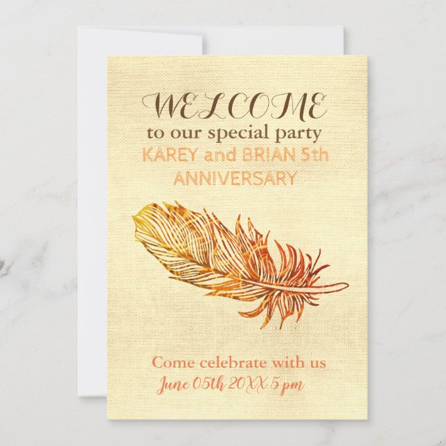 Invitación a la fotografía de tela de plumas dorad (Anverso)