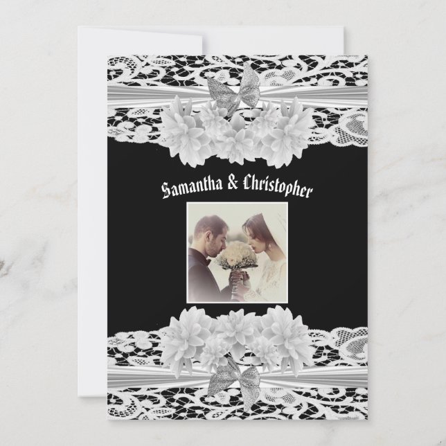Invitación a la fotografía de un boda de encaje bl (Reverso)