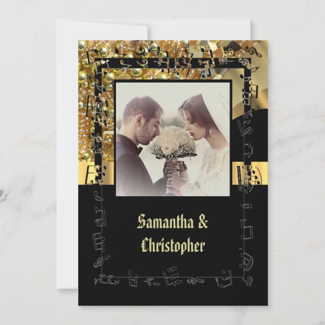 Invitación a la fotografía del boda negro y dorado (Reverso)