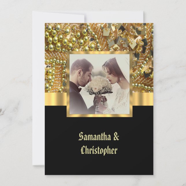 Invitación a la fotografía del boda negro y dorado (Reverso)